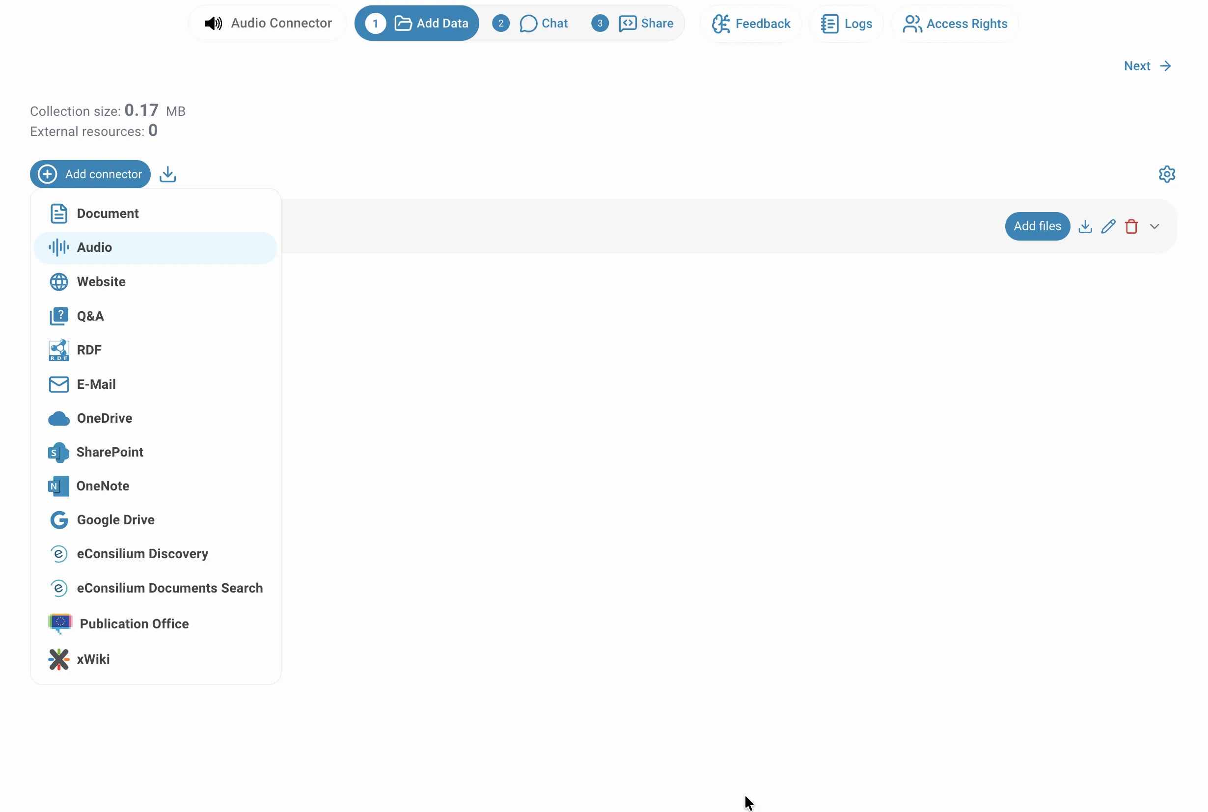 Add connector menu with Audio highlighted