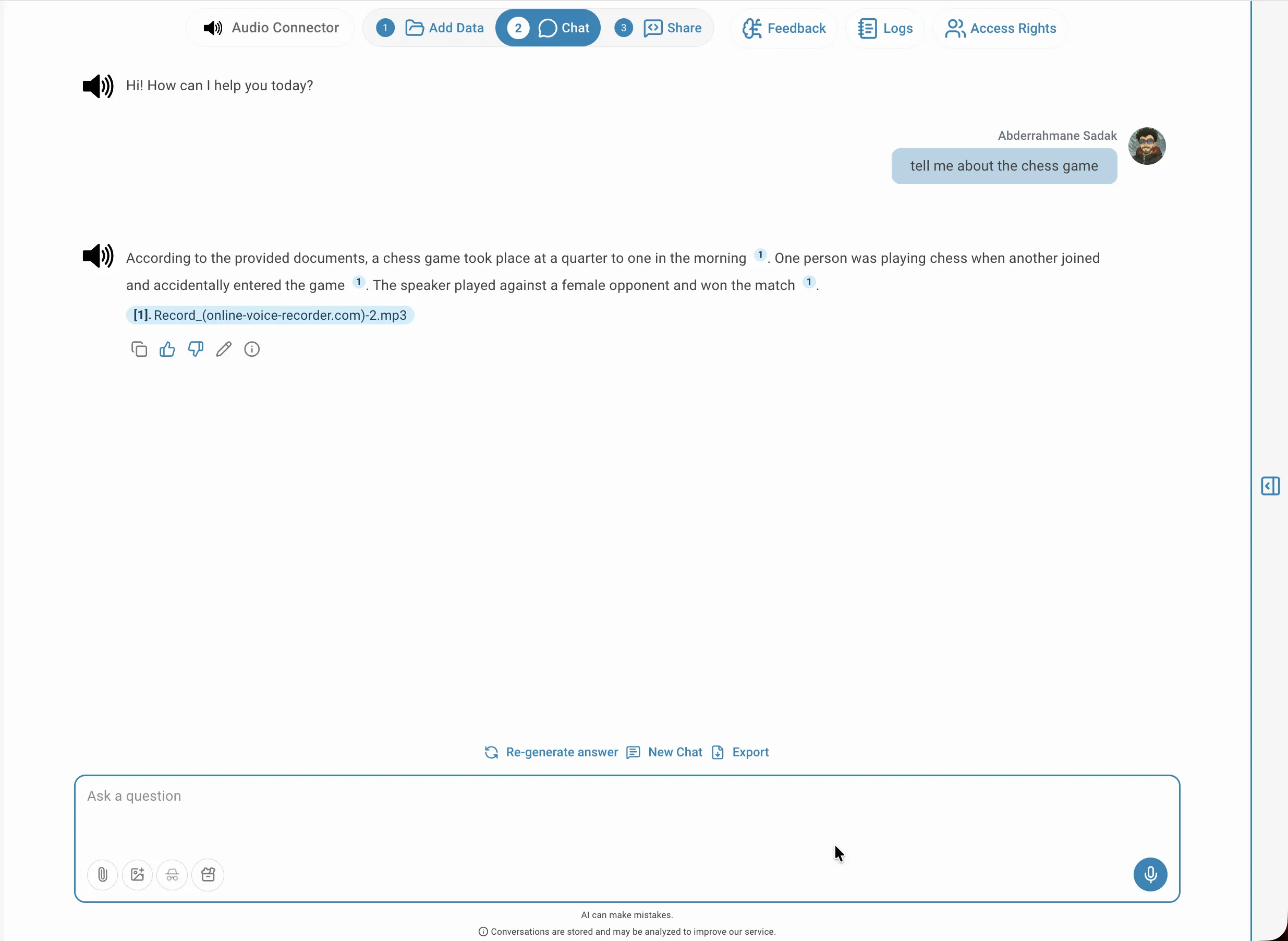 Chat interface answering a question about the audio content