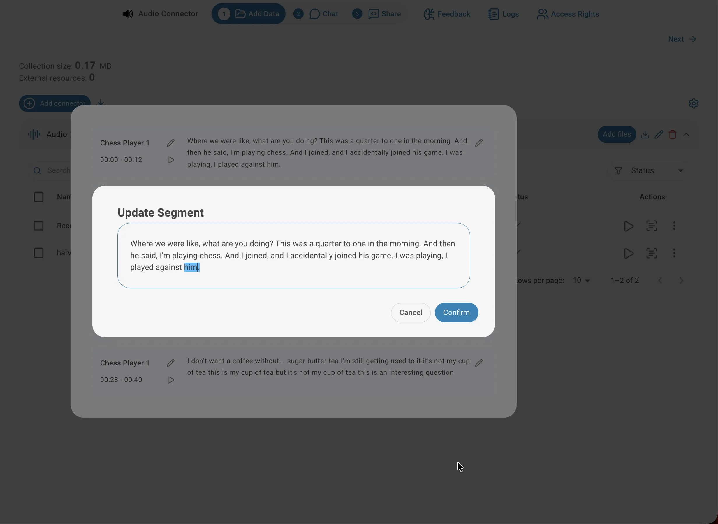 Update segment text modal