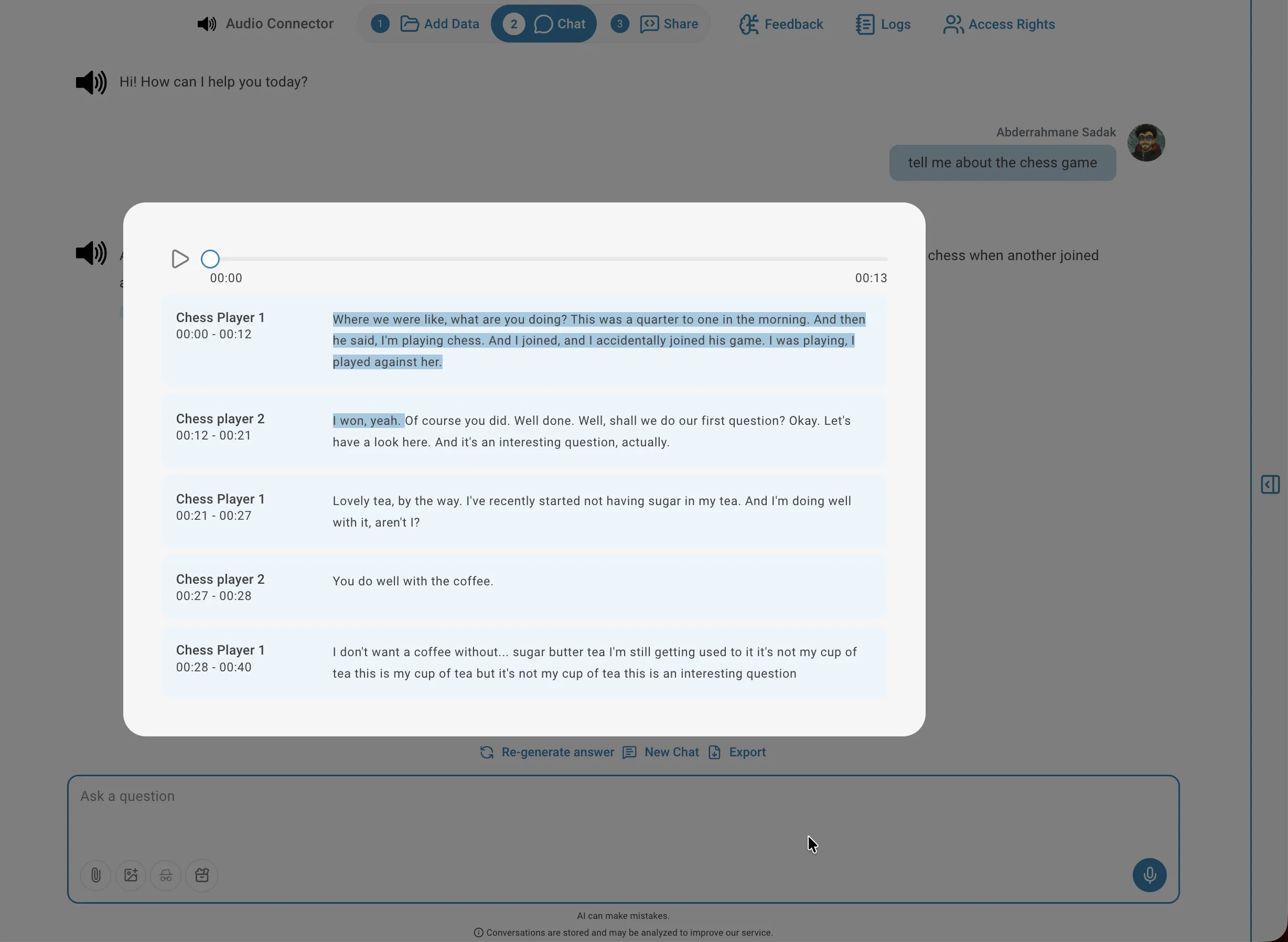 Transcription viewer highlighting the source segment for the answer