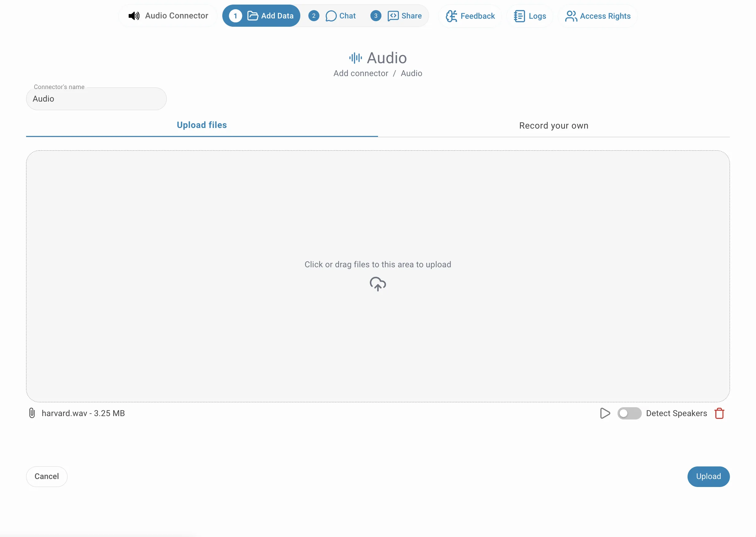 Upload page with file staged and Upload button