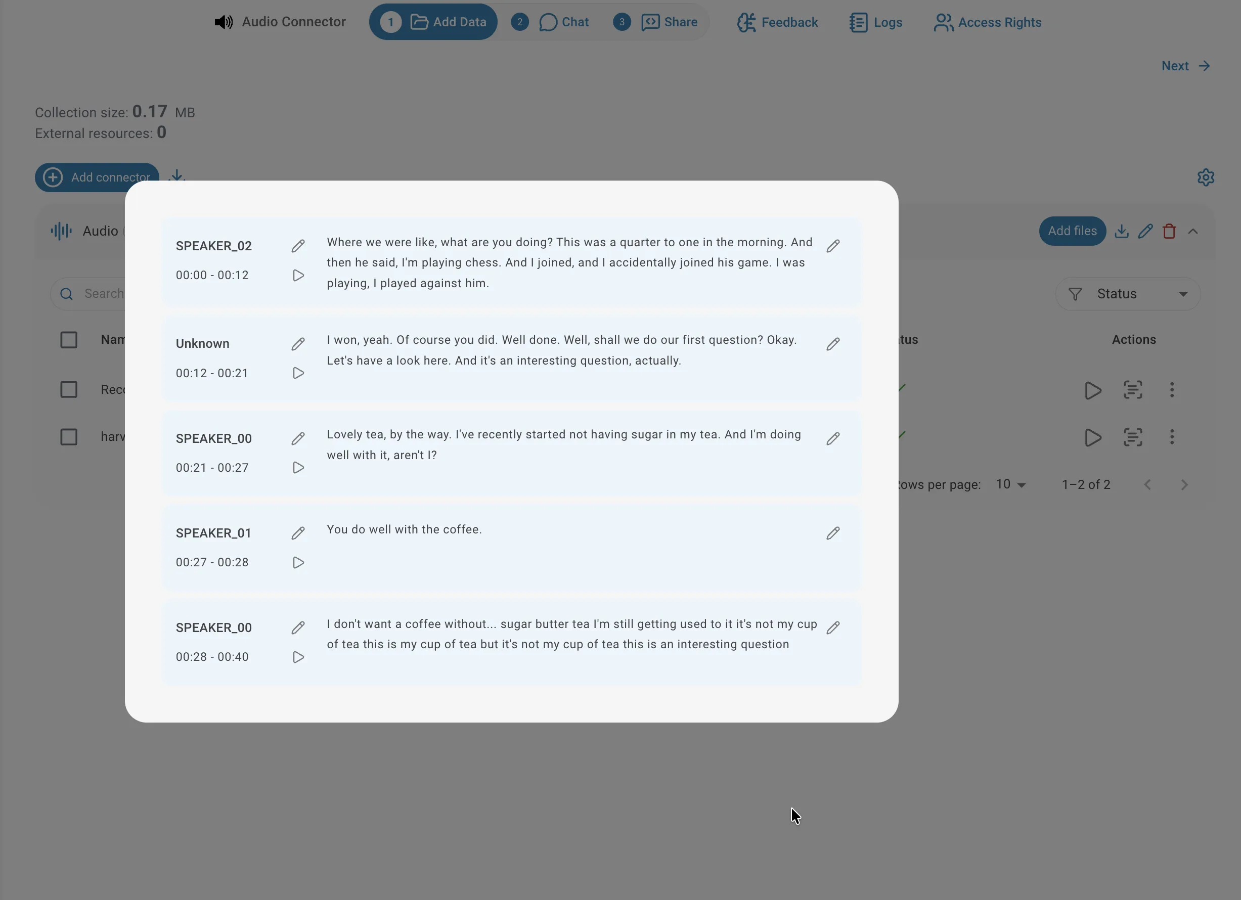 Transcription viewer showing diarized content with speaker segments
