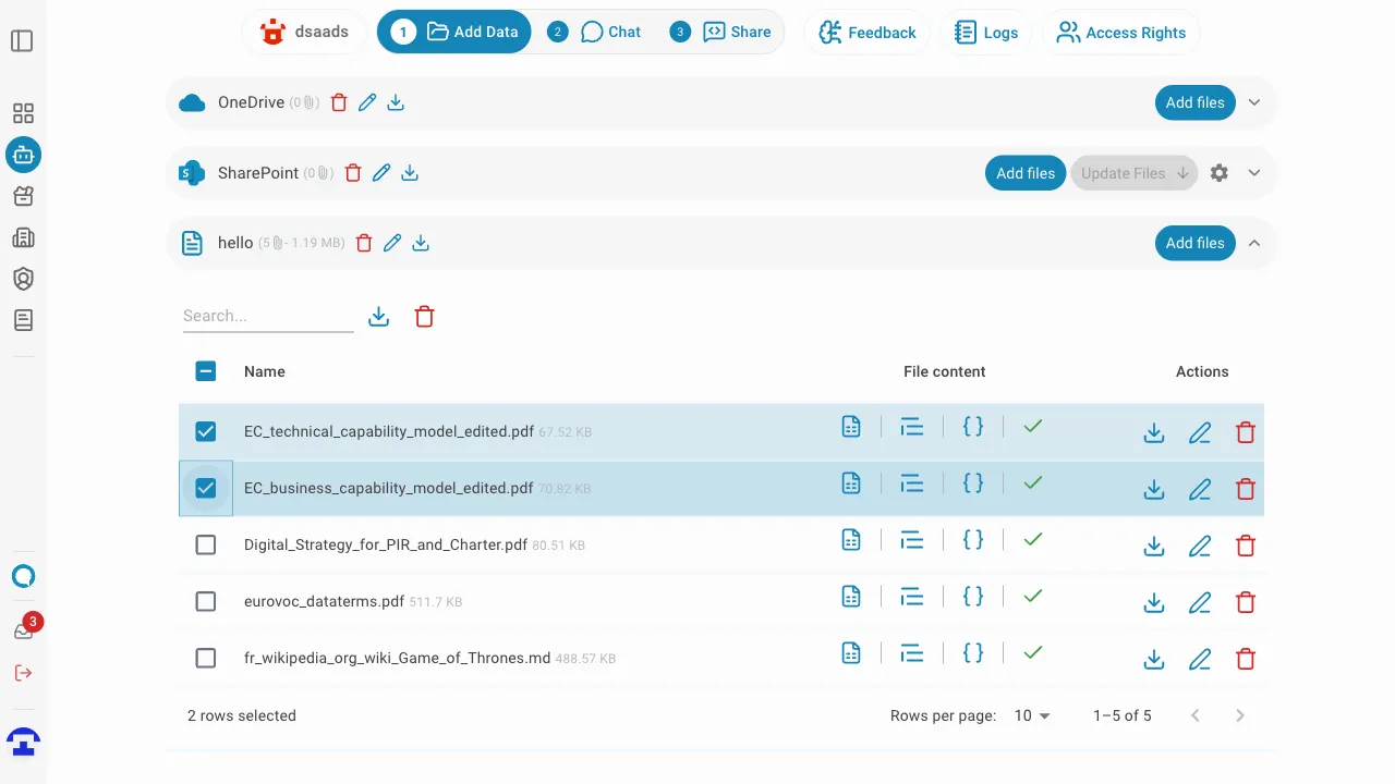 Document table with batch download and delete toolbar