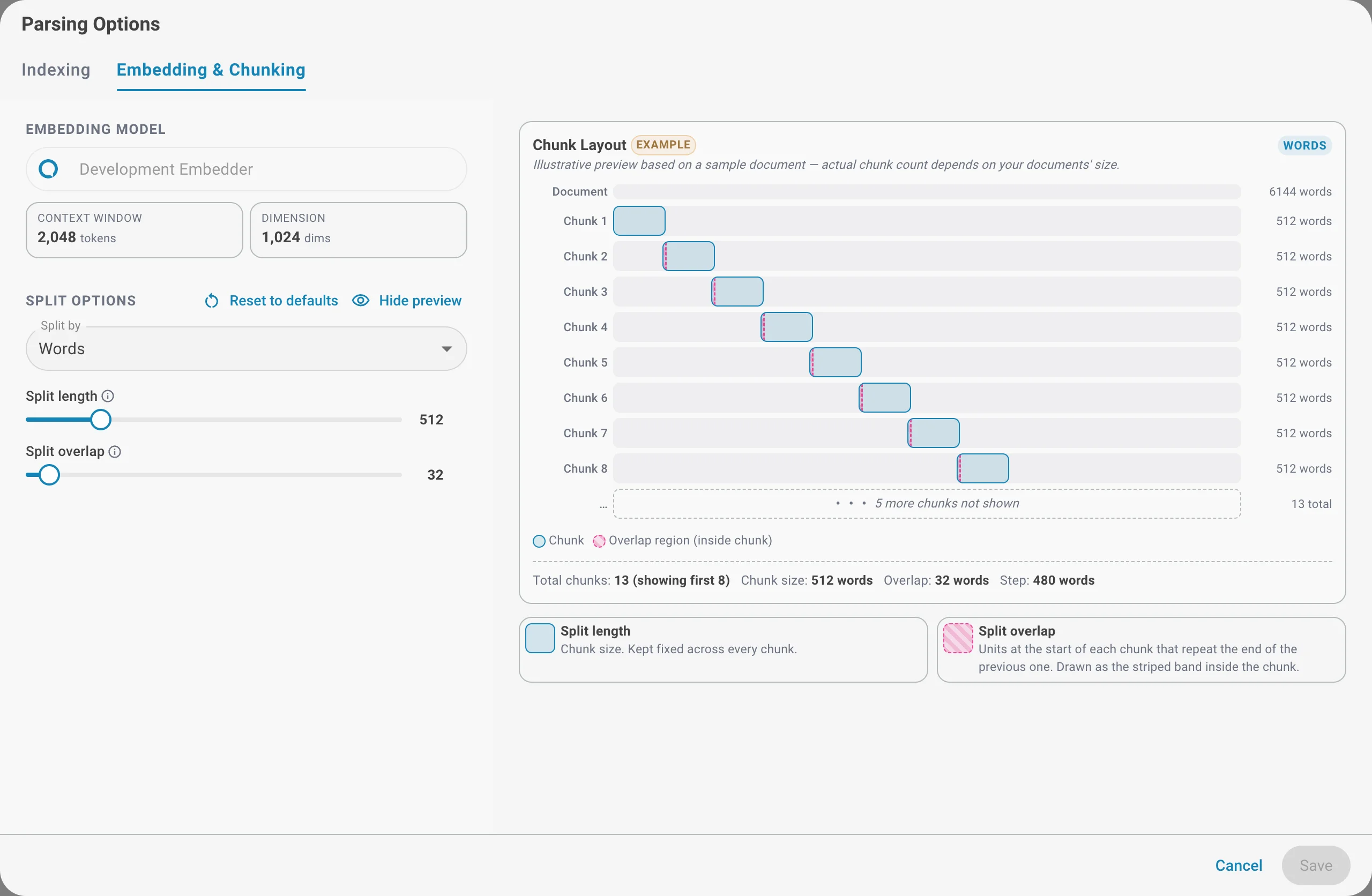 Chunk layout preview showing chunks, overlap, and the summary
