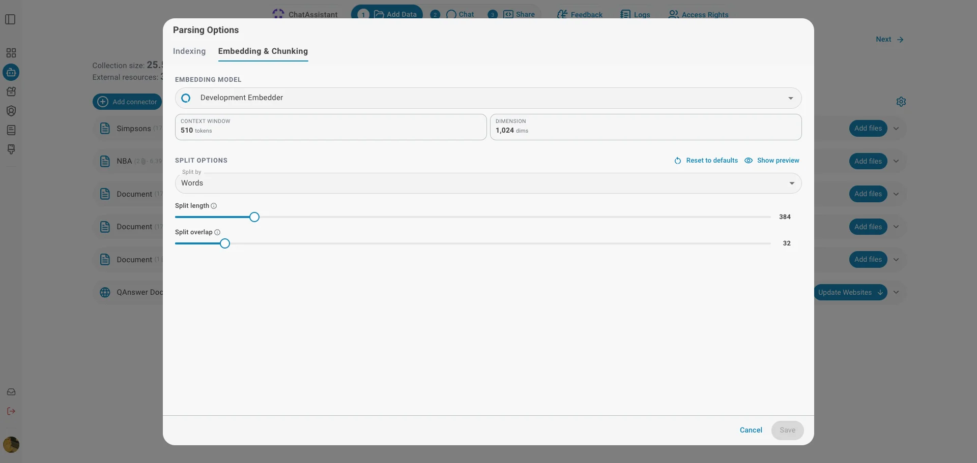 Embedding & Chunking tab of the Parsing Options dialog