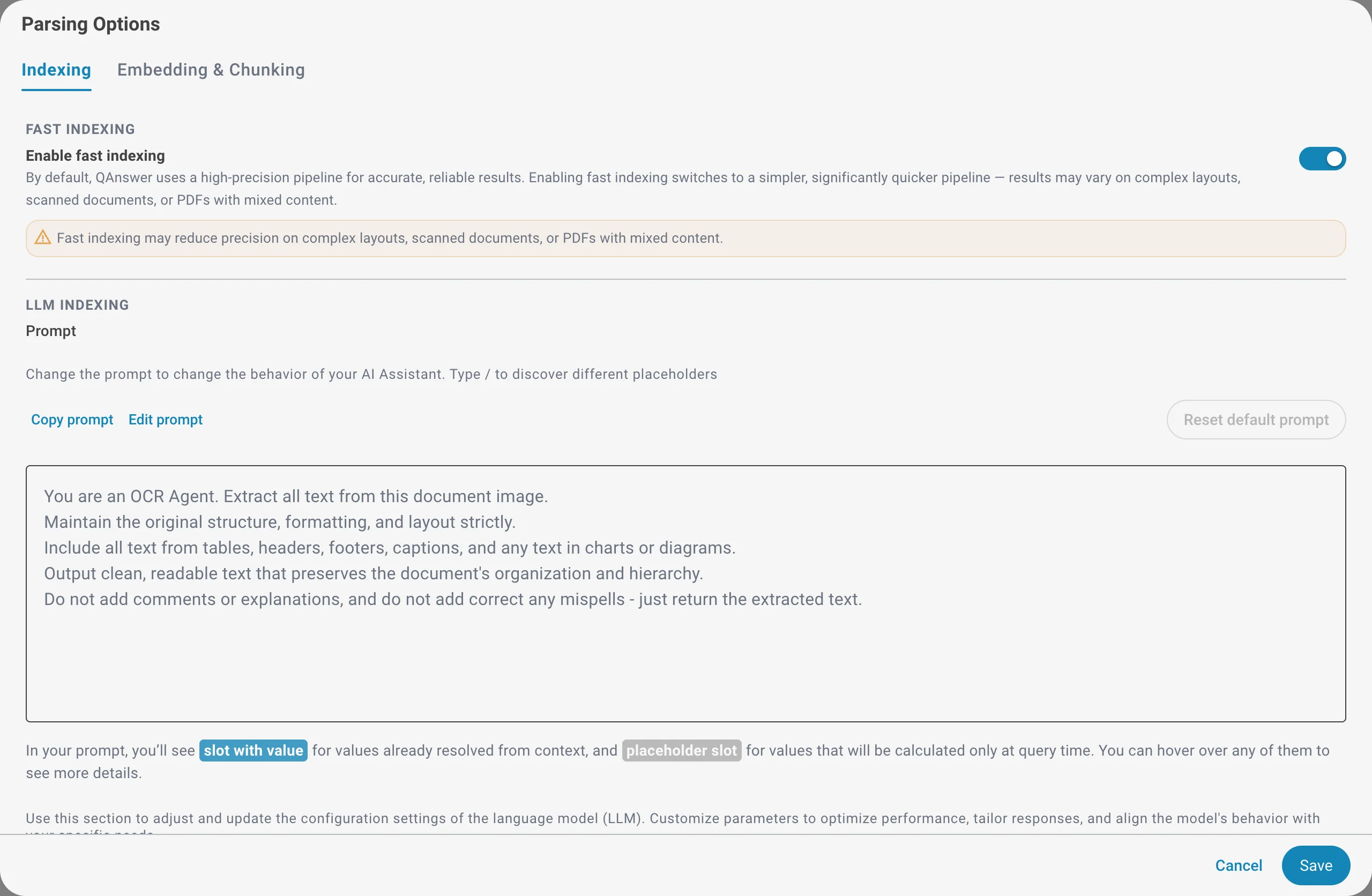 Fast indexing enabled, showing the precision warning