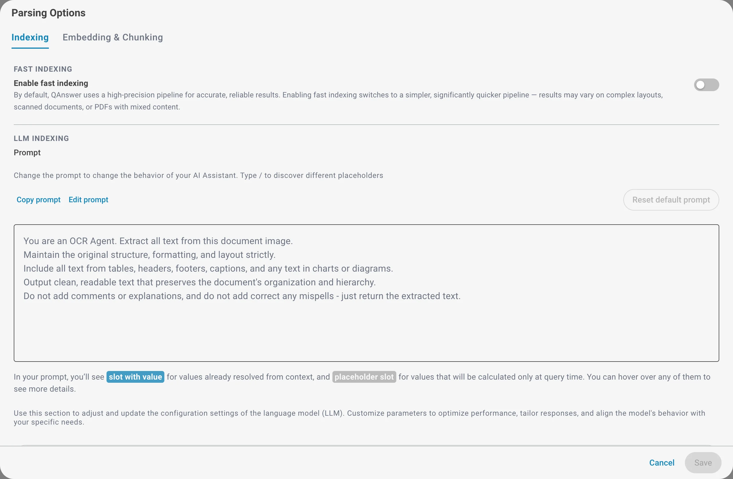 Indexing tab of the Parsing Options dialog
