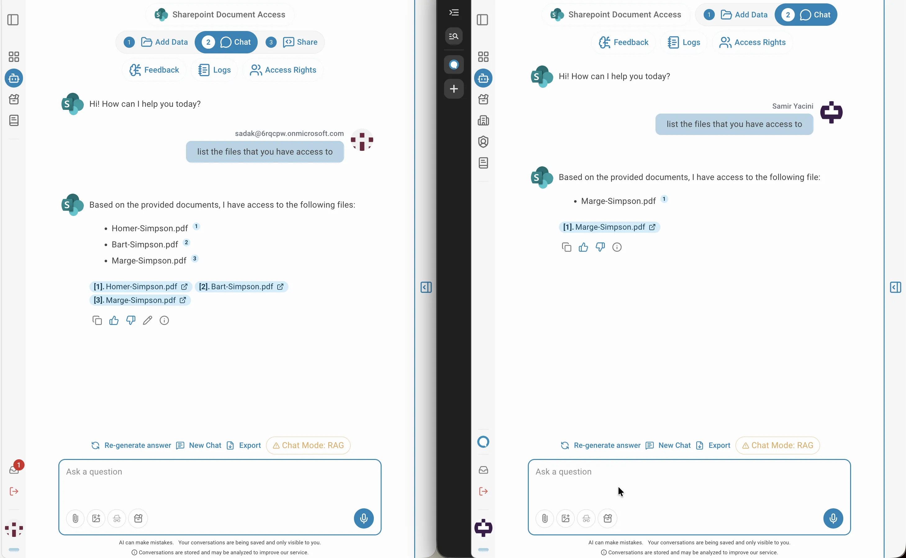 side by side: chat responses differ based on document permissions