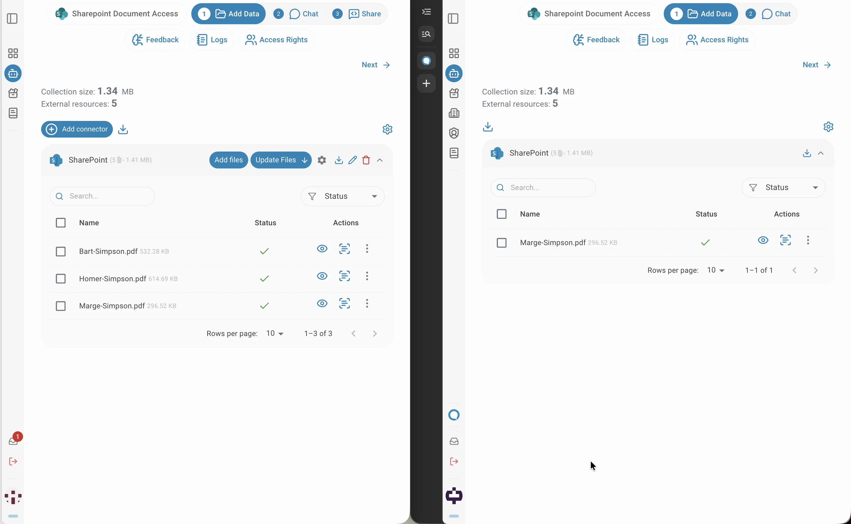 side by side: full access user vs restricted user file list