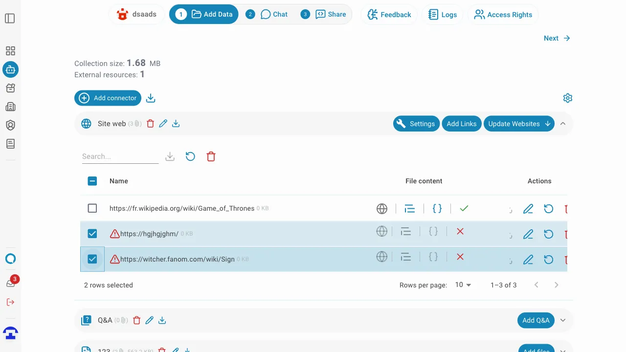 Batch action toolbar with retry and delete buttons