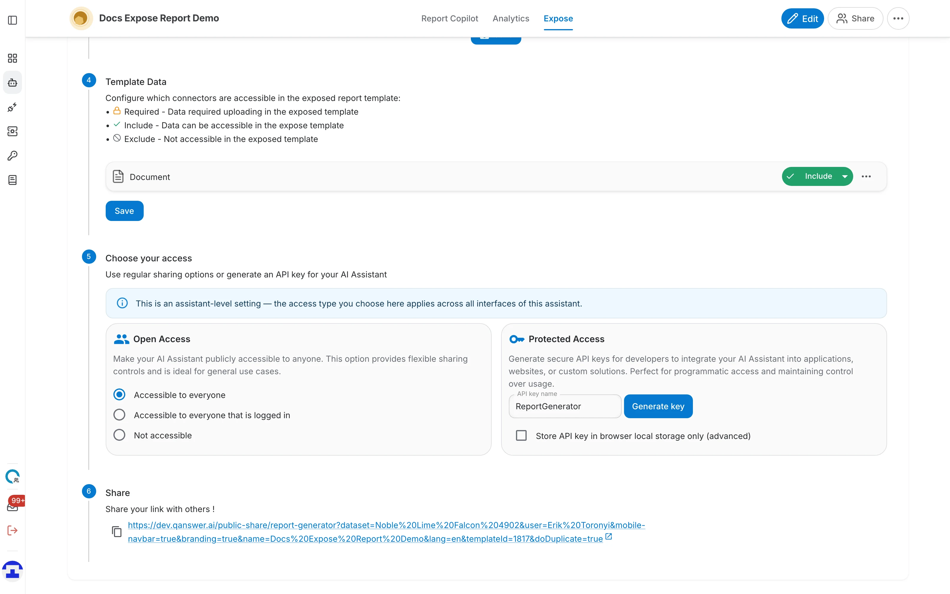 The Share step showing the generated public report generator link