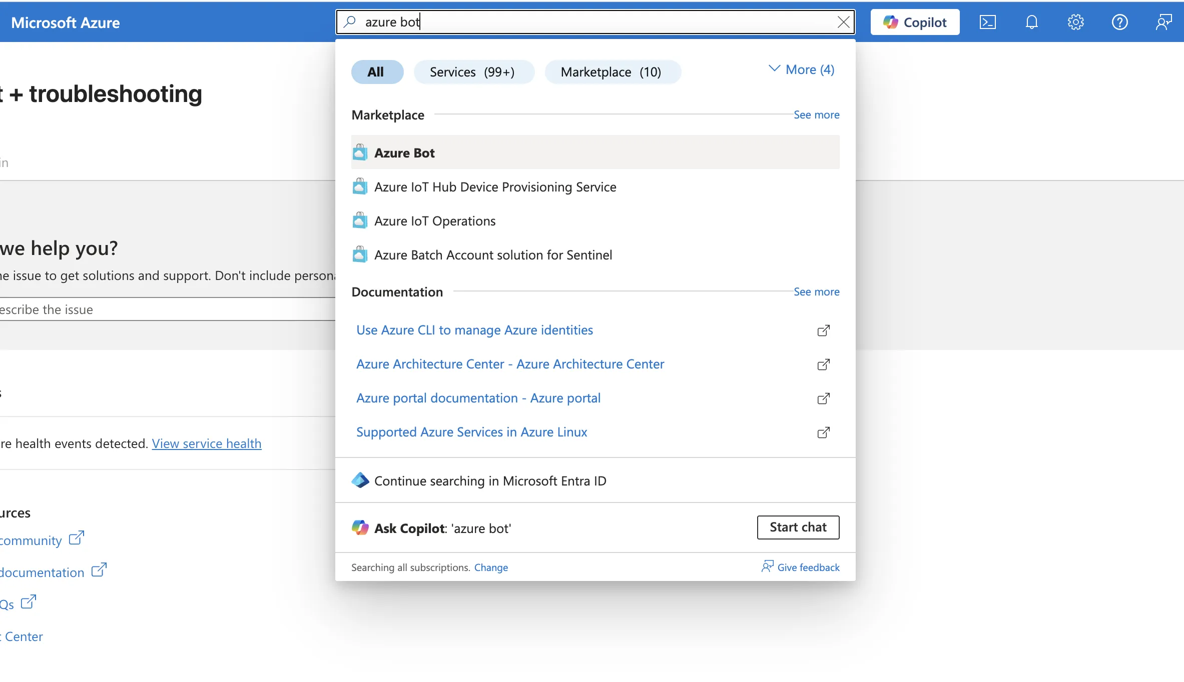 Search for Azure Bot in the Azure portal