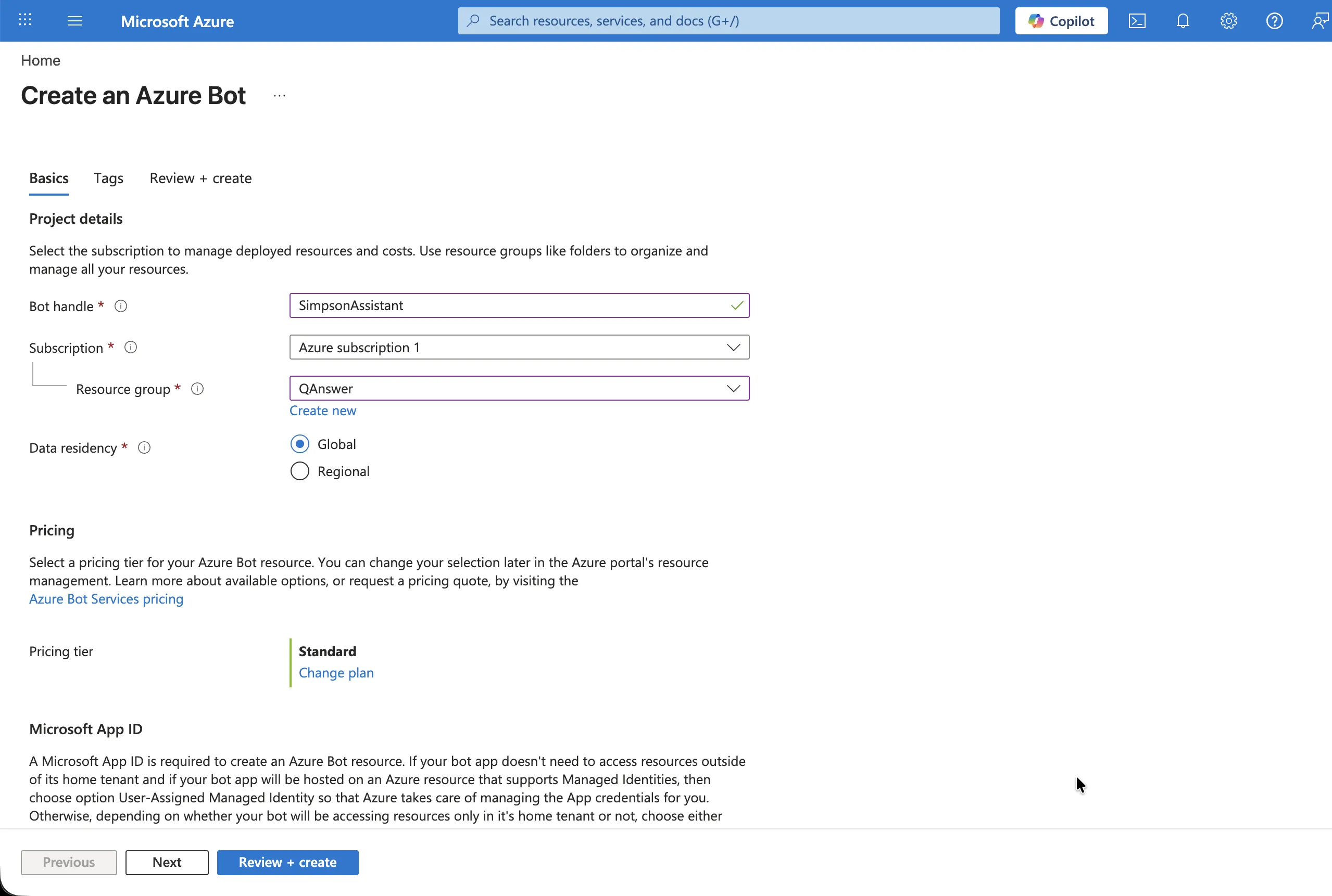 Create a new Azure Bot resource