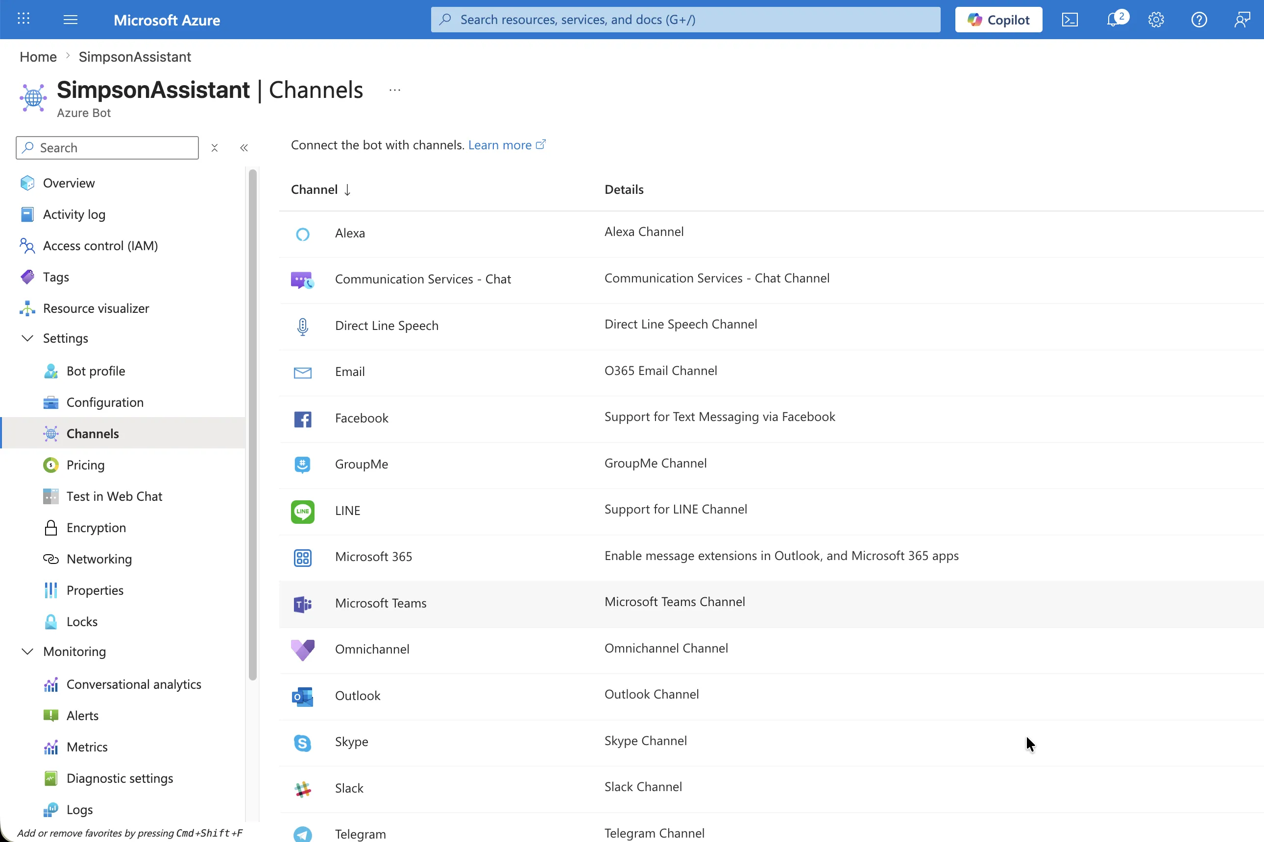 Azure Bot Channels page showing Microsoft Teams option