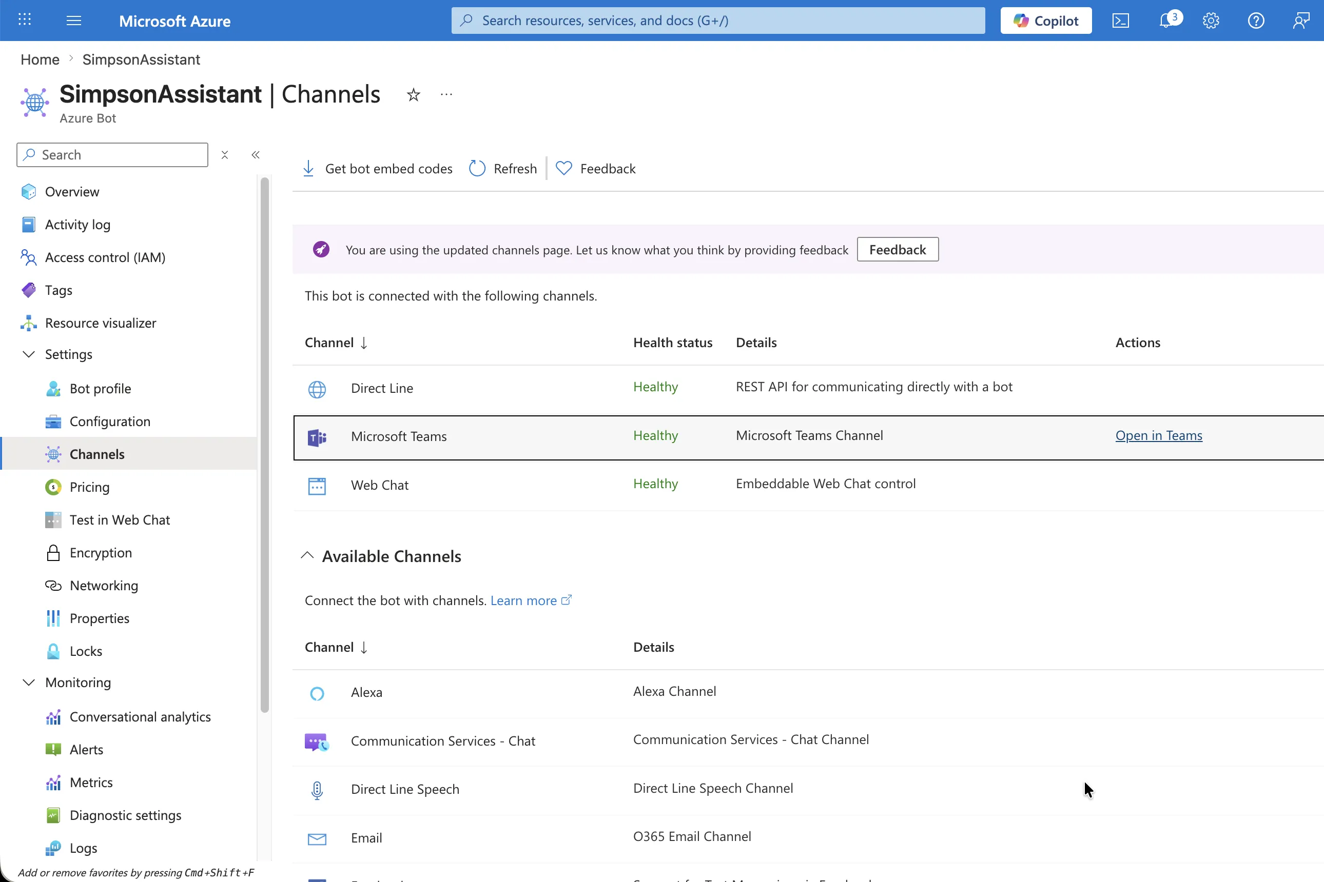 Microsoft Teams channel showing as Connected and Healthy
