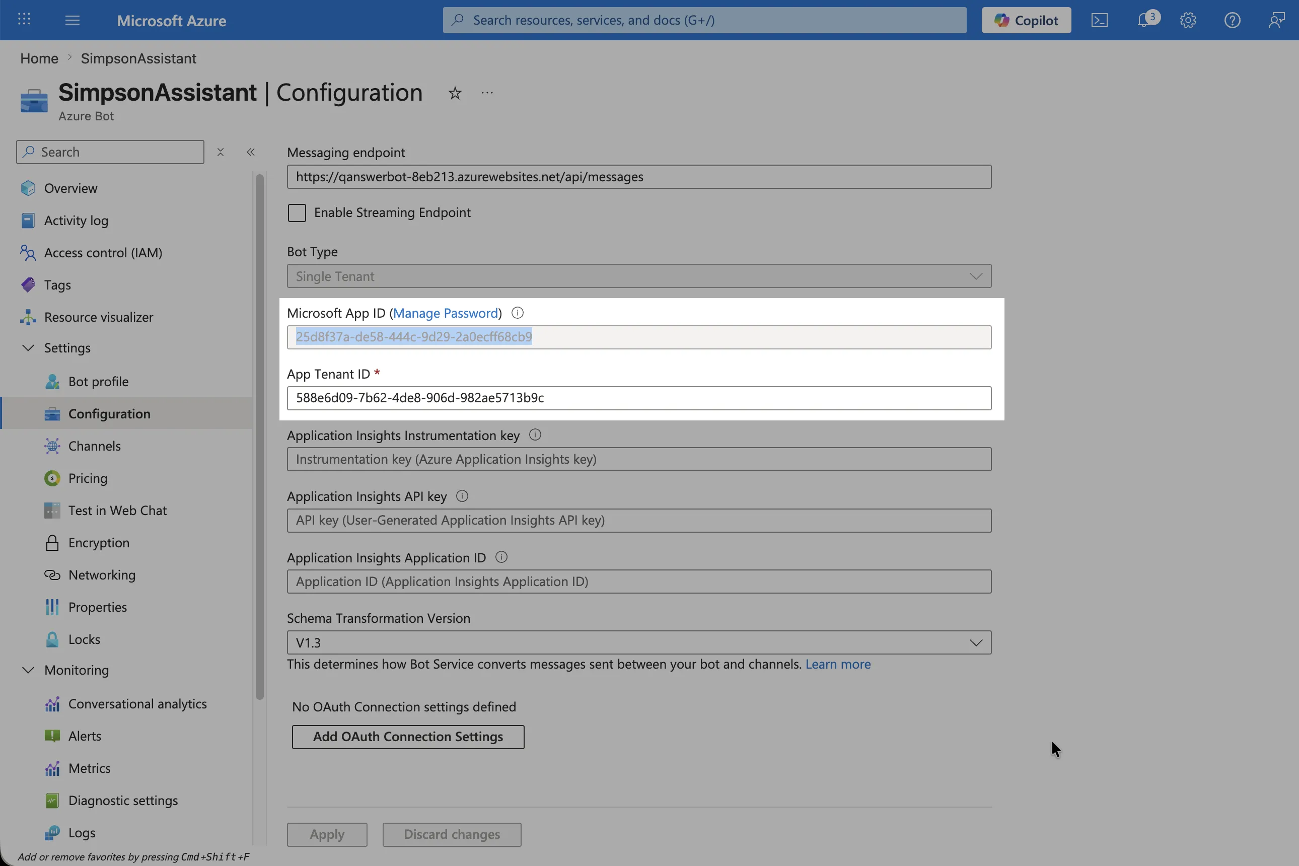 Copy the Microsoft App ID from Azure Bot Configuration