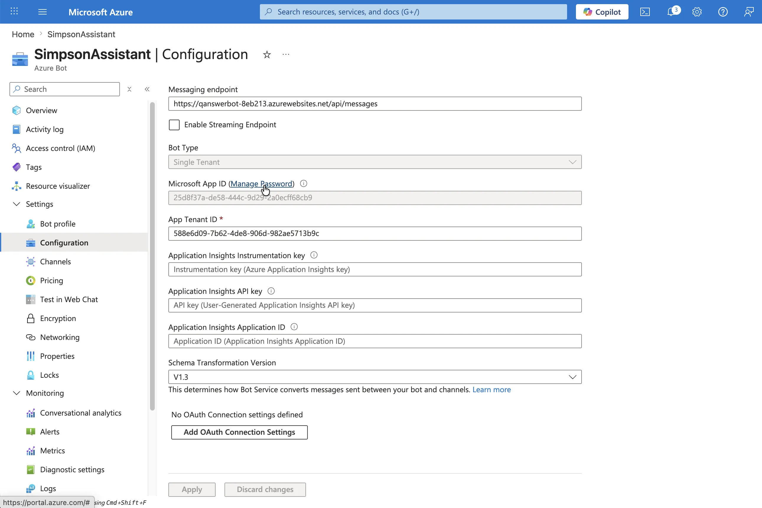 Click Manage Password to open the app registration