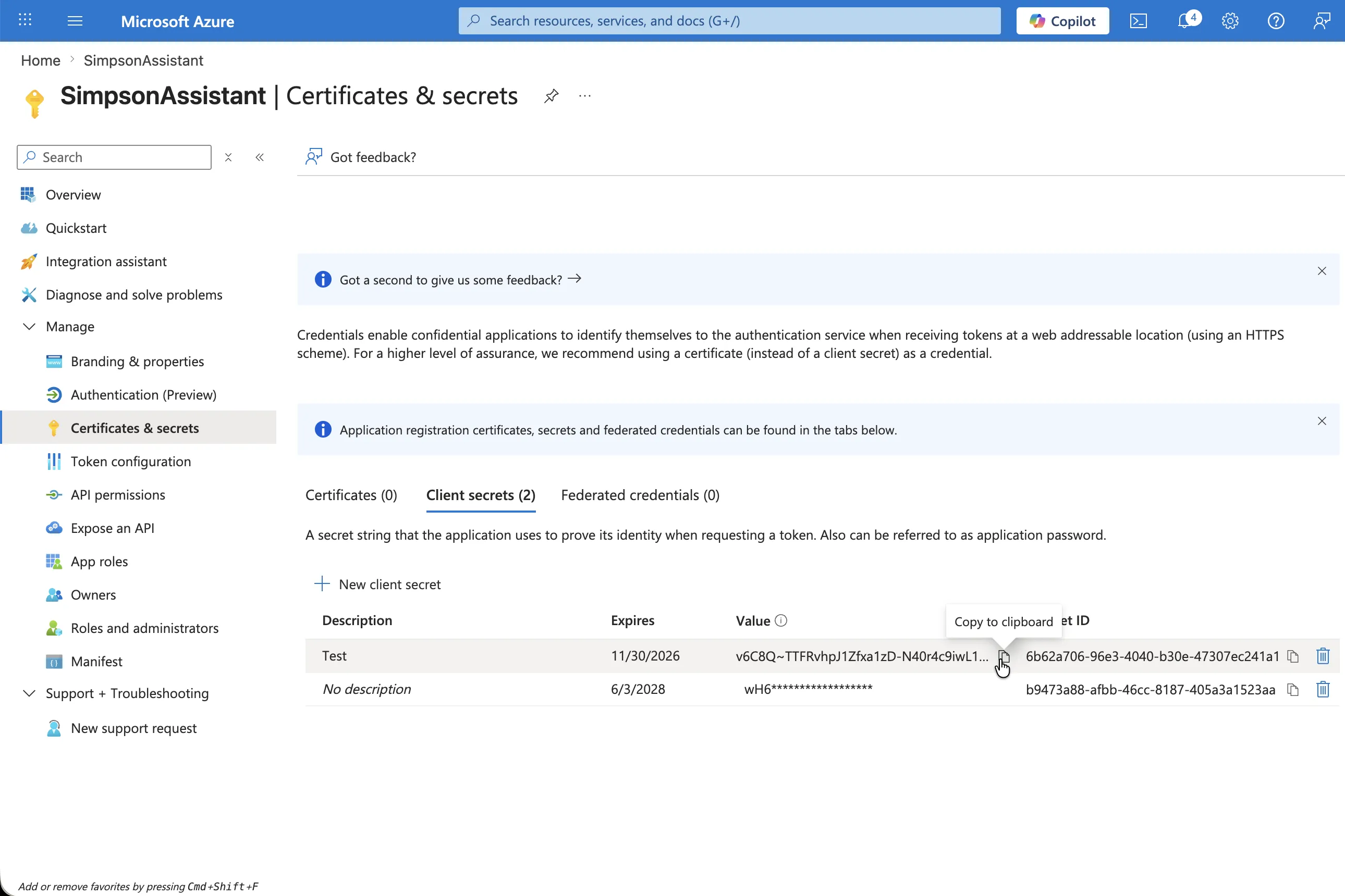 Create a new client secret in the app registration