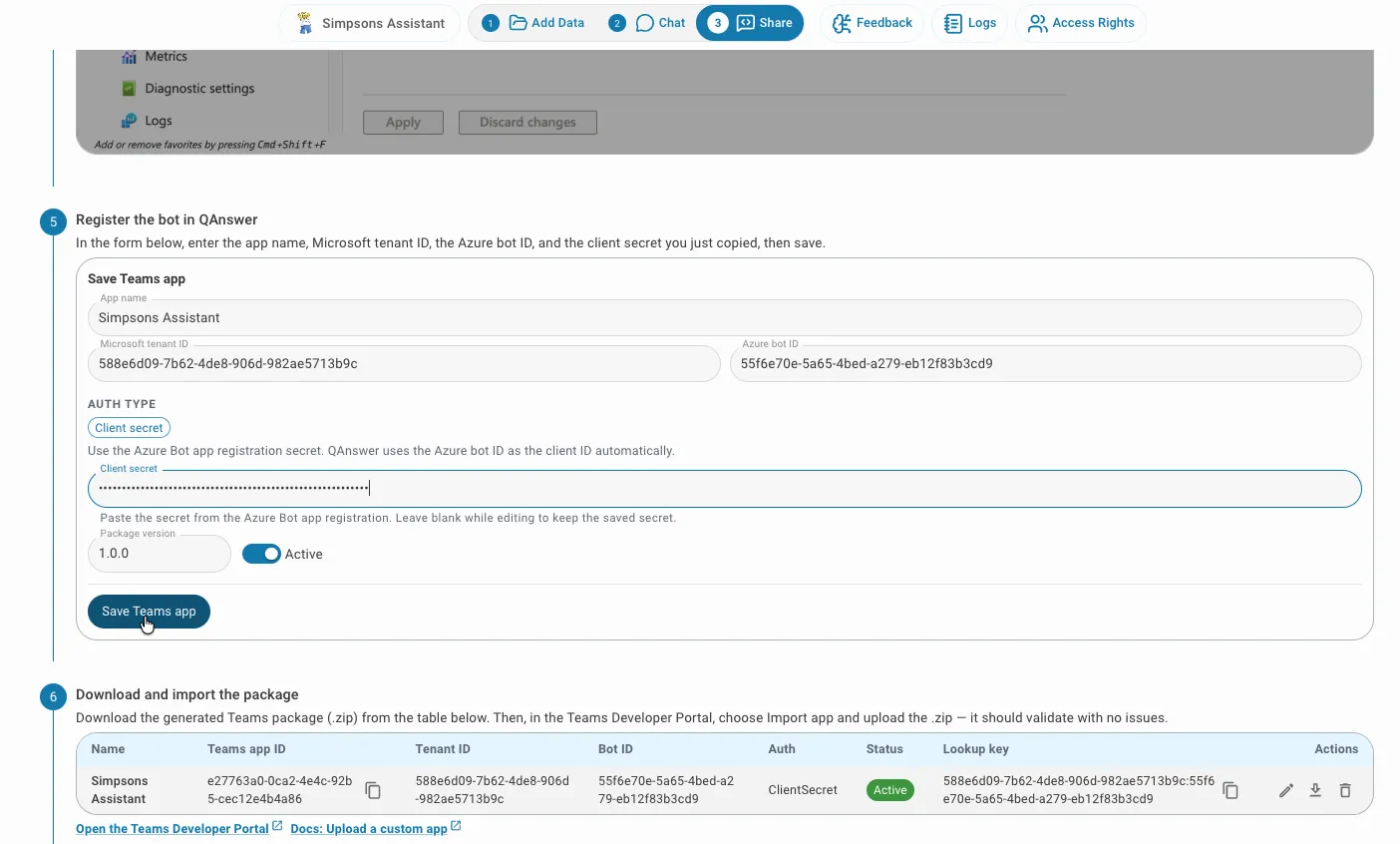 QAnswer Teams bot registration form showing app name, tenant ID, Azure bot ID, client secret, package version and active toggle