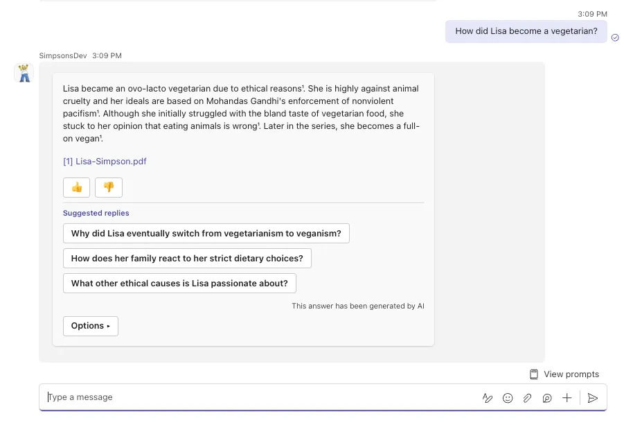 Suggested replies appearing below a bot answer in Microsoft Teams