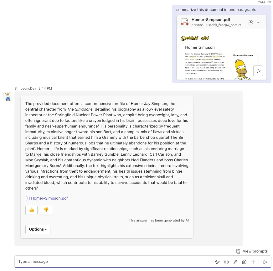 Uploading a document in Teams chat and asking the bot to summarize it