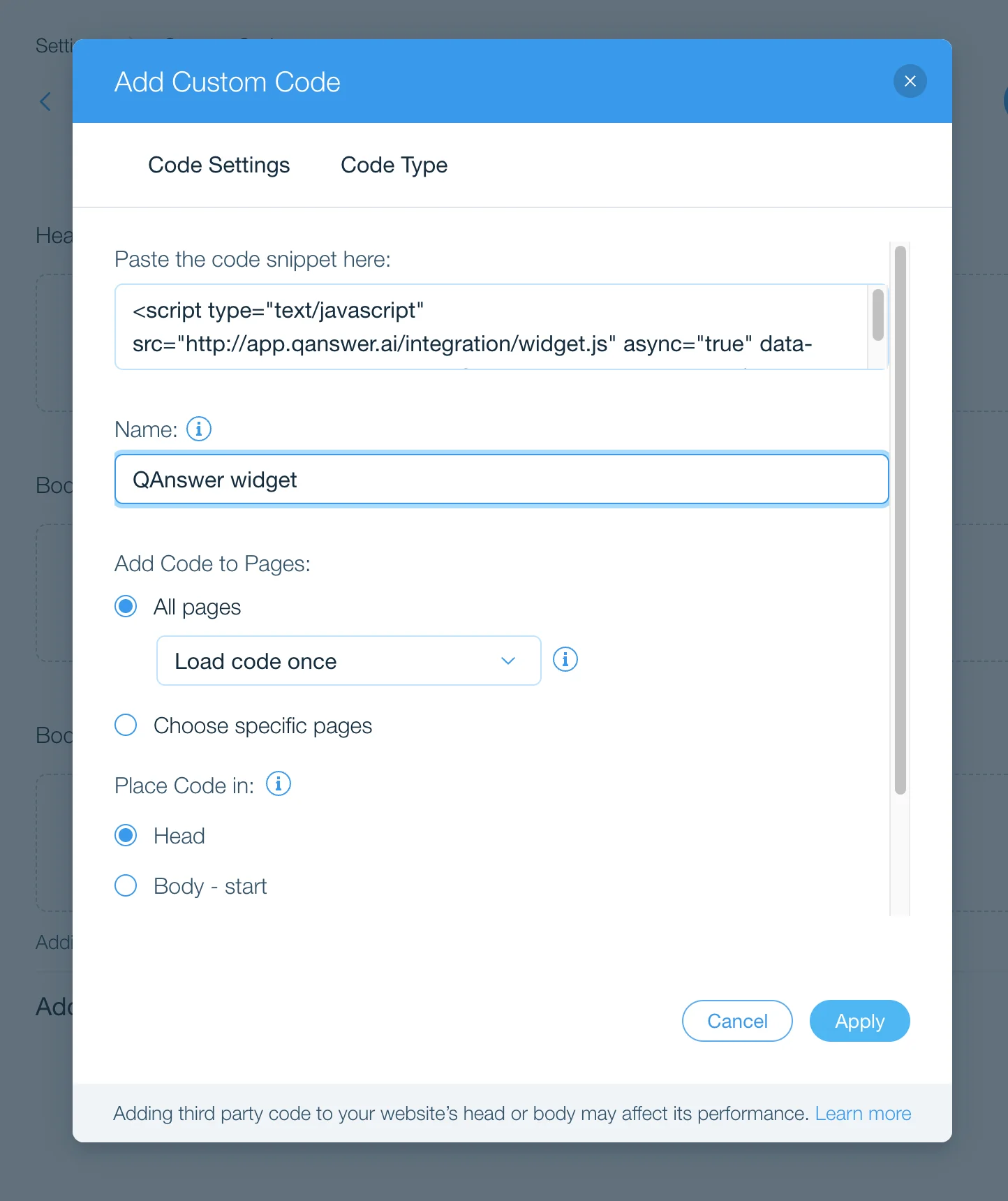 wix add custom code