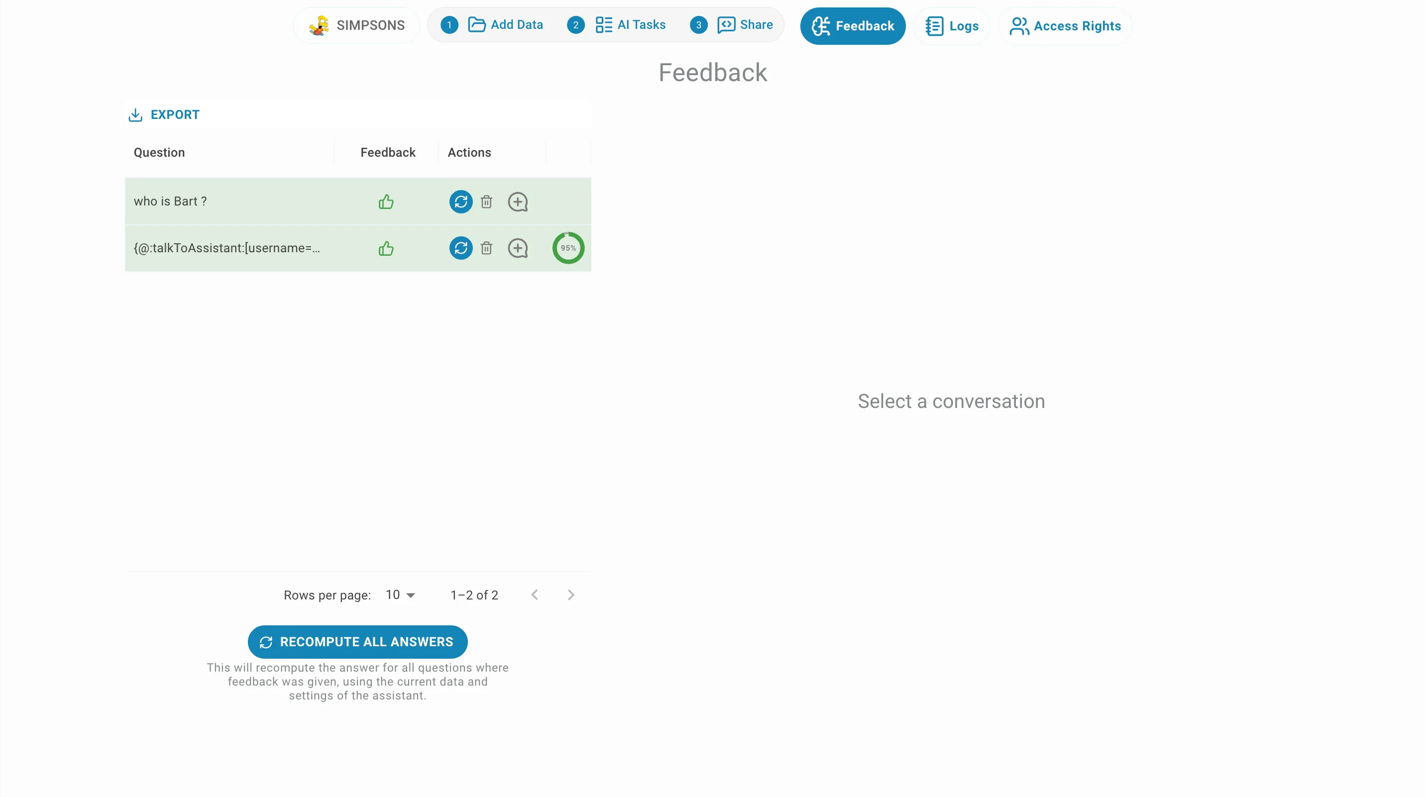 Feedback Owner AI Assistant Page