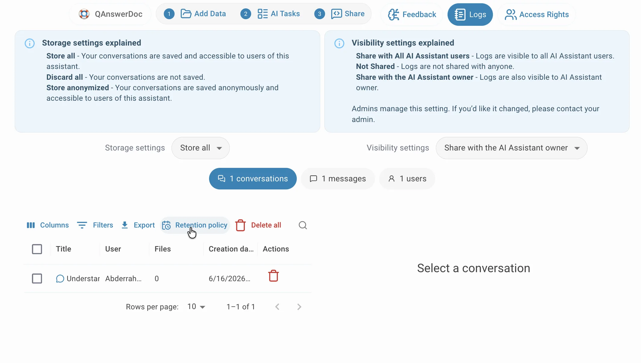 Retention policy button in the conversations toolbar