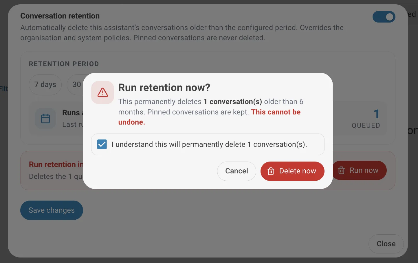 Run now confirmation dialog